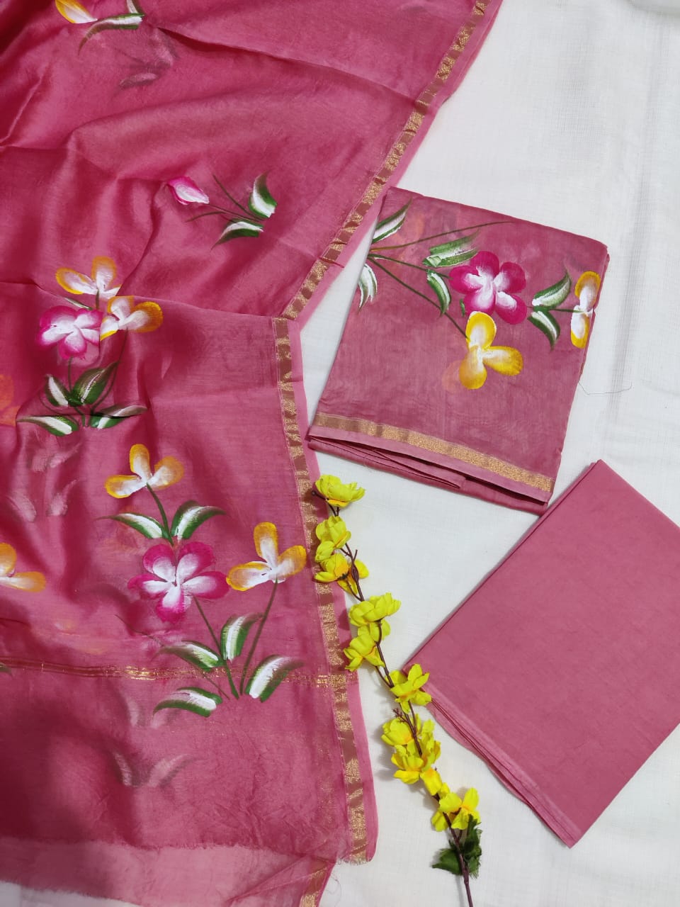 Pure Hand Block Chanderi Silk Unstitched Suit.