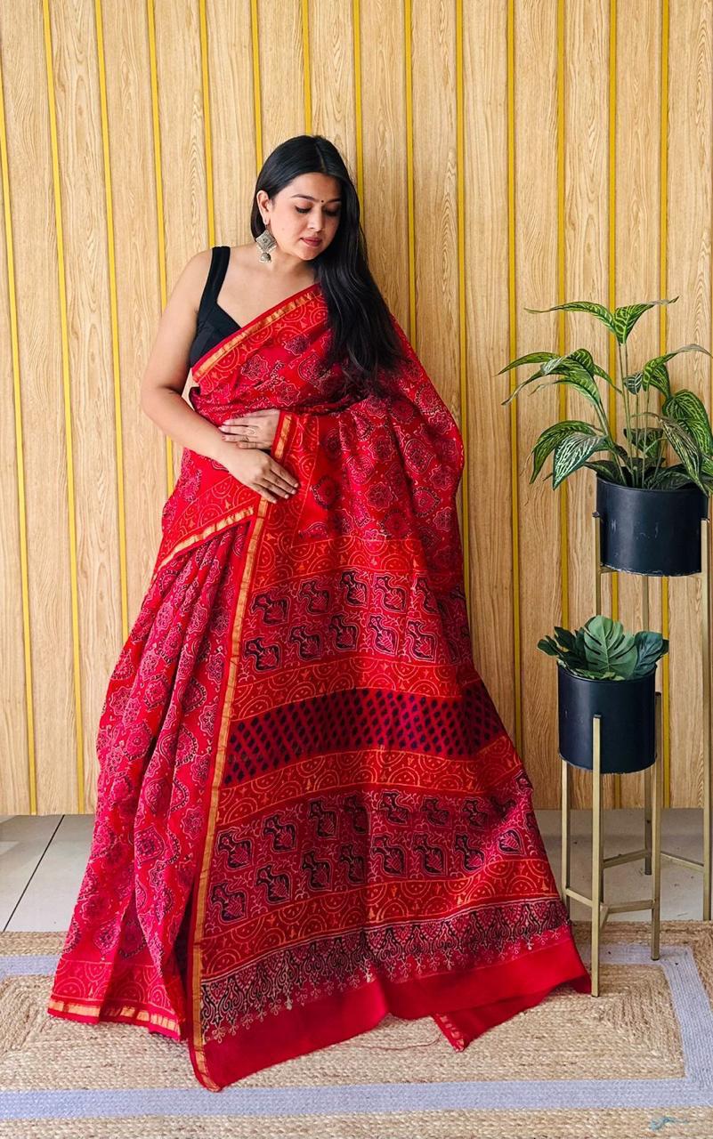 Hand Block Prninted Chanderi Saree .