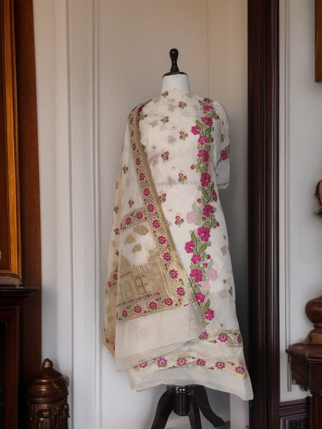 Pure Banarasi Chanderi Tilfi Work Unstitched Suit.