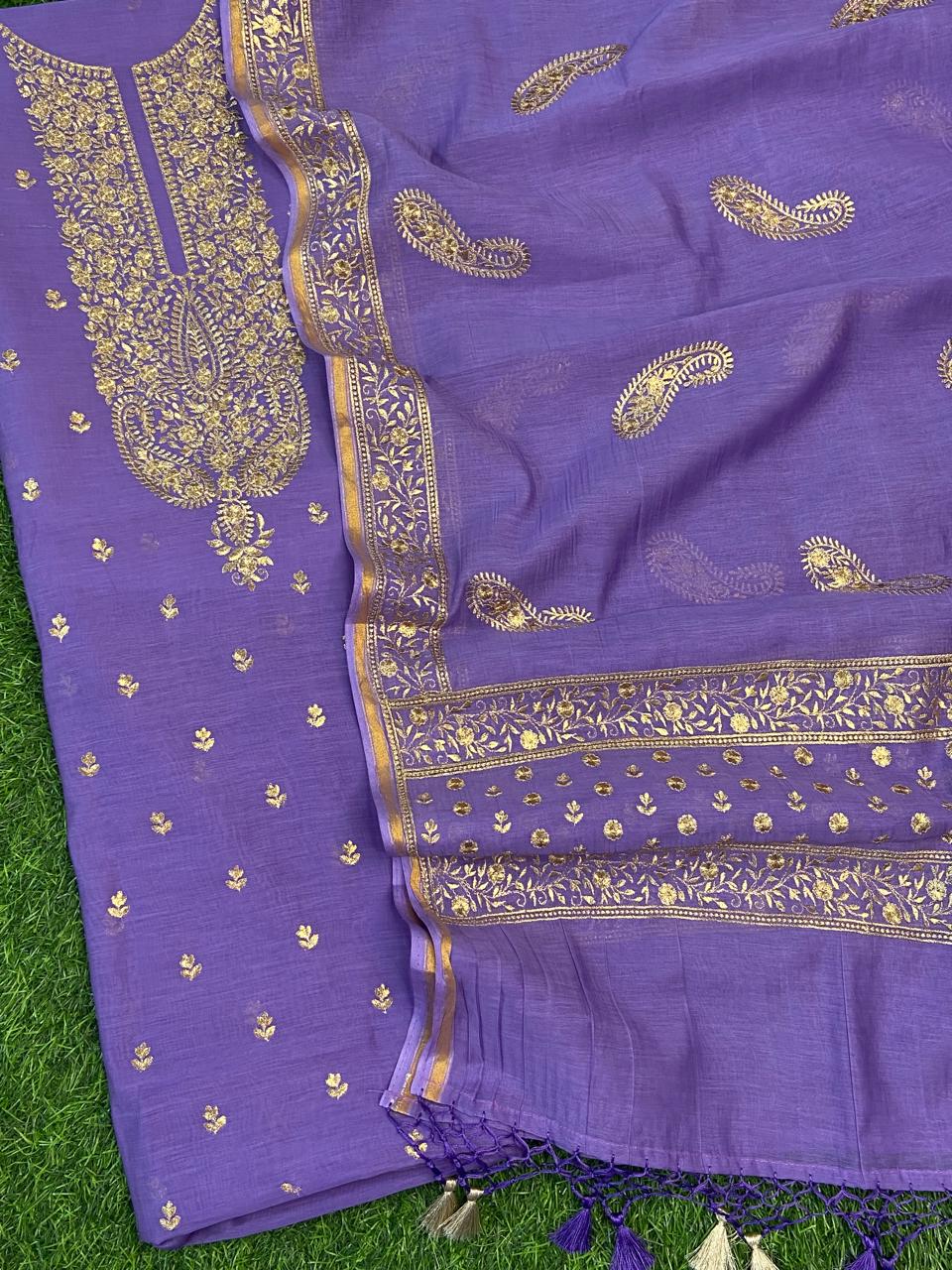 Pure Banarasi Resham Mal Chanderi Silk Zari Unstitched Suit with Beautiful Neck Embroidery.