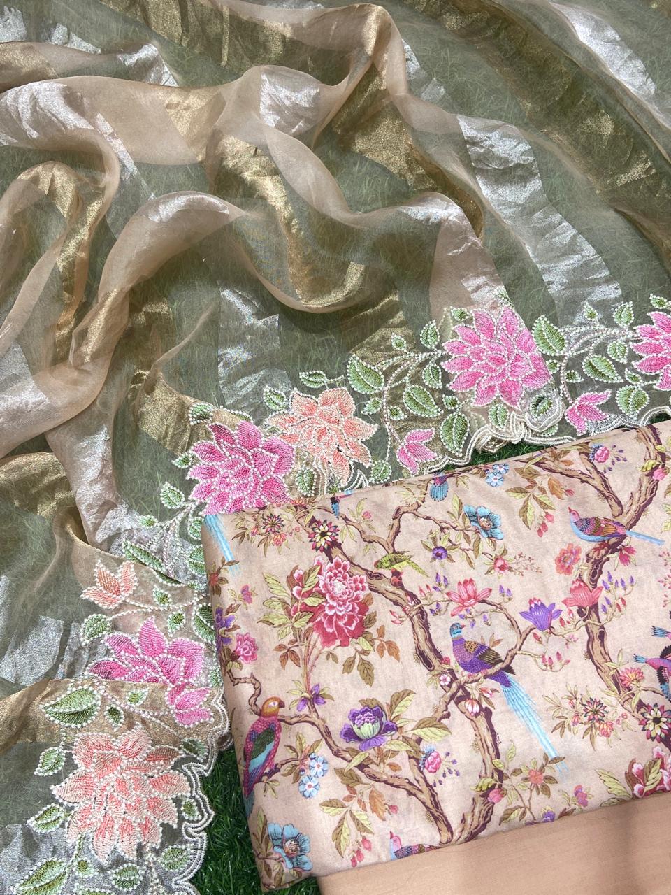 Pure Banarasi Resham Chanderi Silk Digital Print Unstitched Suit With Pure Tisshu Resham Work Dupatta.
