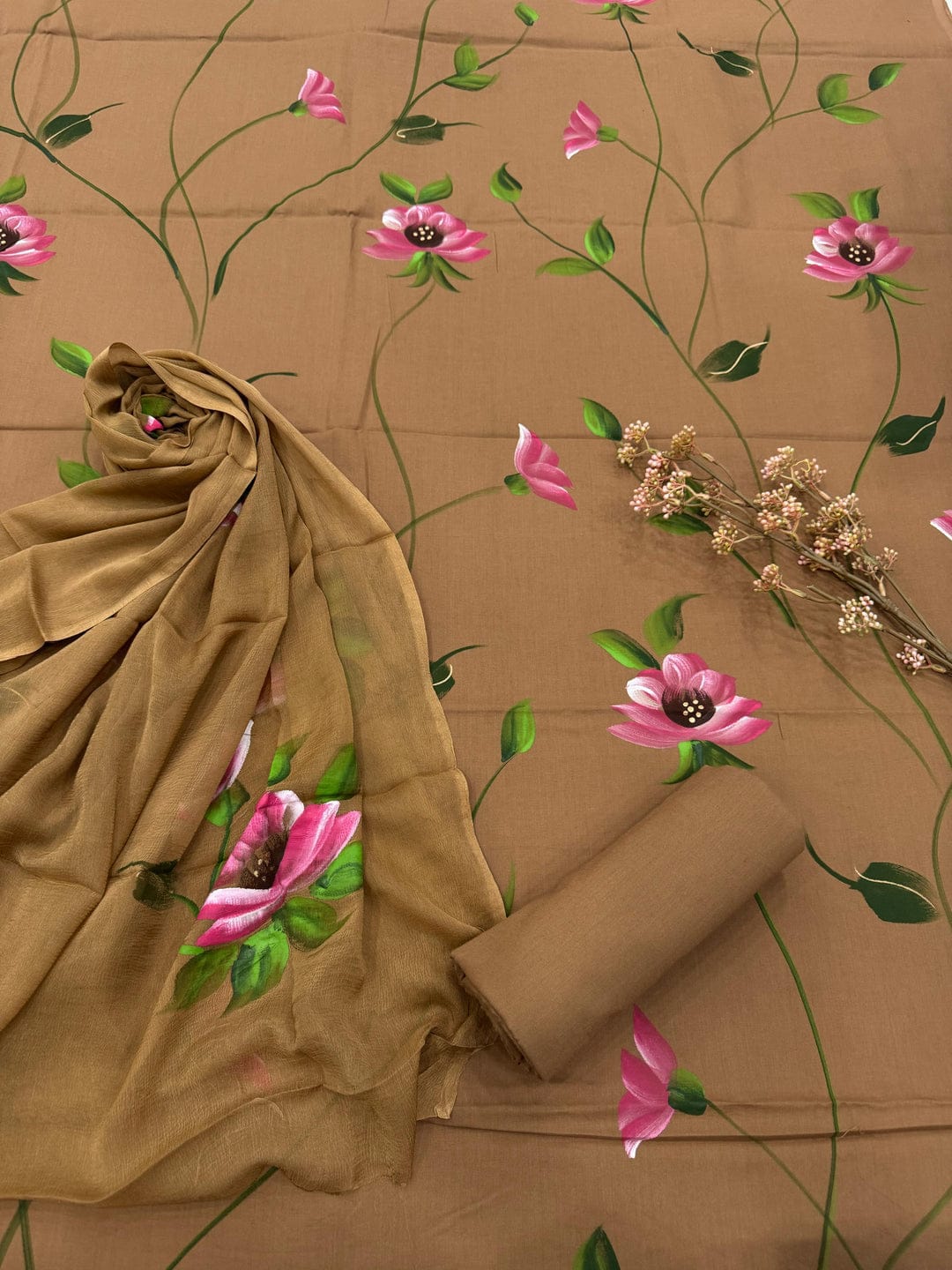 Pure Cotton Hand Block Print Unstitched Suit with chiffon dupatta .