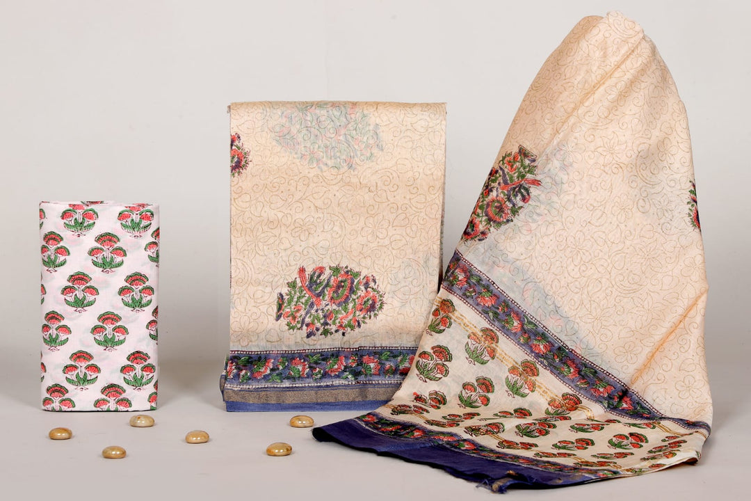 Pure Hand Block Chanderi Silk Unstitched Suit.