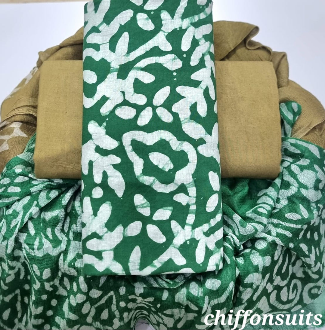 Pure Cotton Hand Block Print Unstitched Suit with chiffon dupatta .