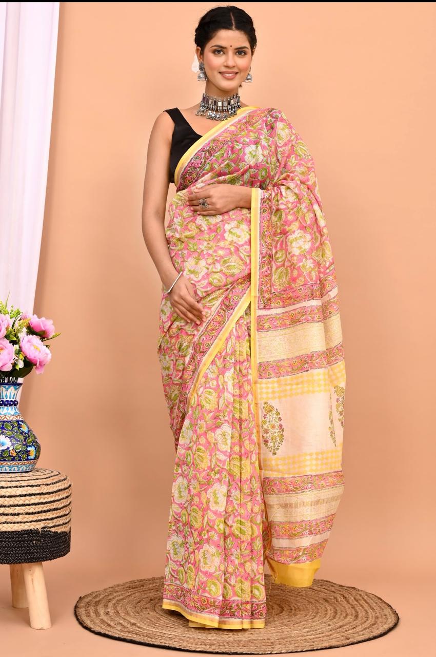 Hand Block Prninted Chanderi Saree .