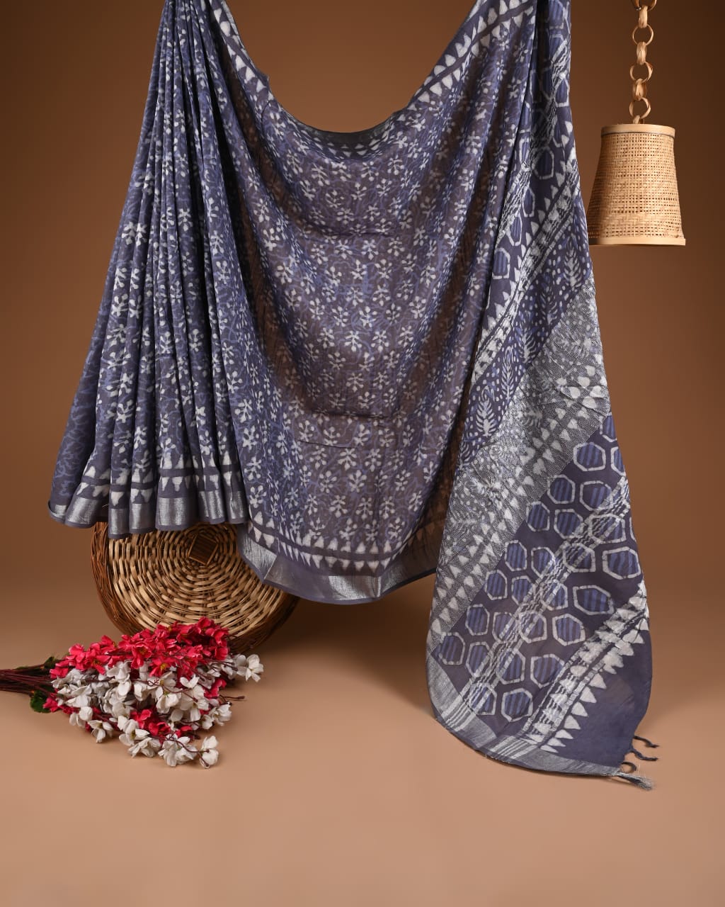 Hand Block Print Linen Saree with Blouse .