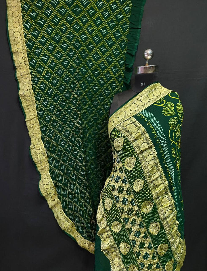 Pure Khaddi Georgette Handloom Kadhwa Zari Work saree With Raiy Bandhej AllOver.