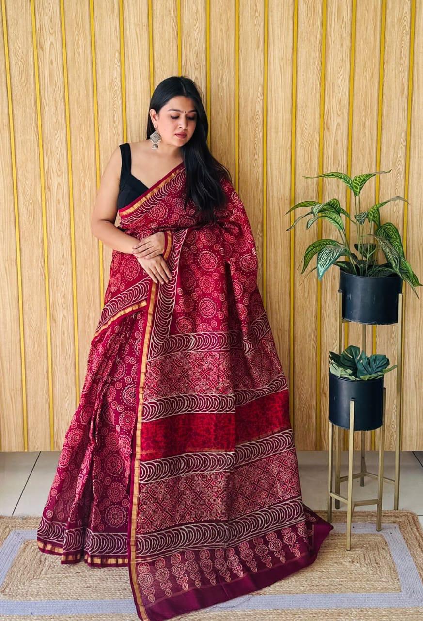Hand Block Prninted Chanderi Saree .