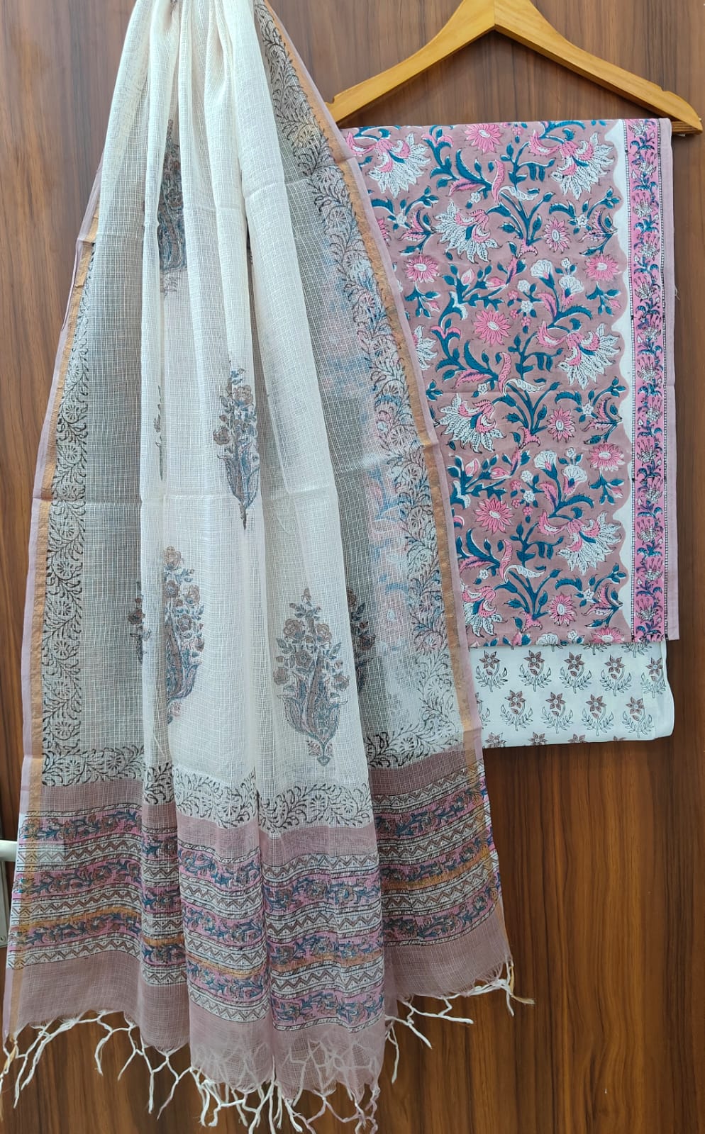 Pure Cotton Hand block print Unstitched Suit with Kota Dupatta.