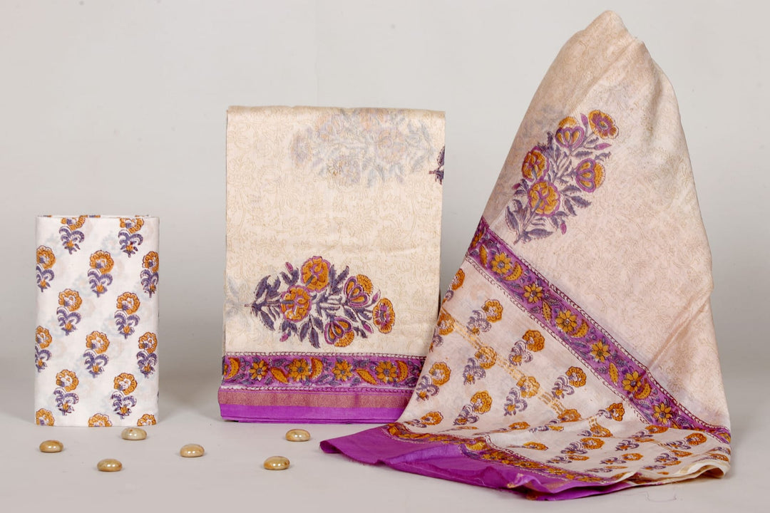 Pure Hand Block Chanderi Silk Unstitched Suit.