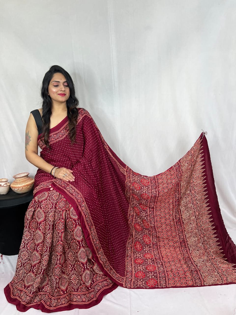 Pure Natural Dyeing Hand Block Print Modal silk saree.