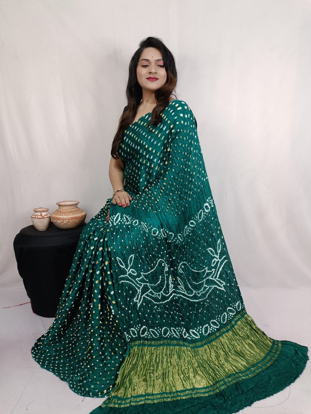 Pure Natural Dyeing Hand Block Bandhej Print Modal silk saree.