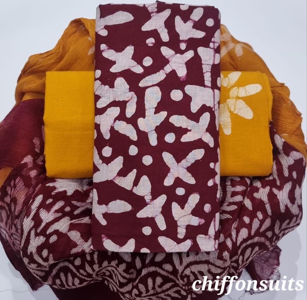 Pure Cotton Hand Block Print Unstitched Suit with chiffon dupatta .
