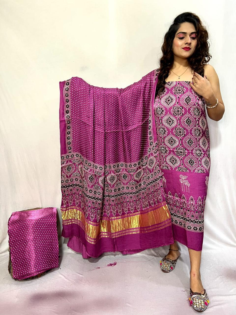 Pure Modal Silk Ajrakh Hend Block Zari Pallu Weaved 3pc Unstitched Suit .