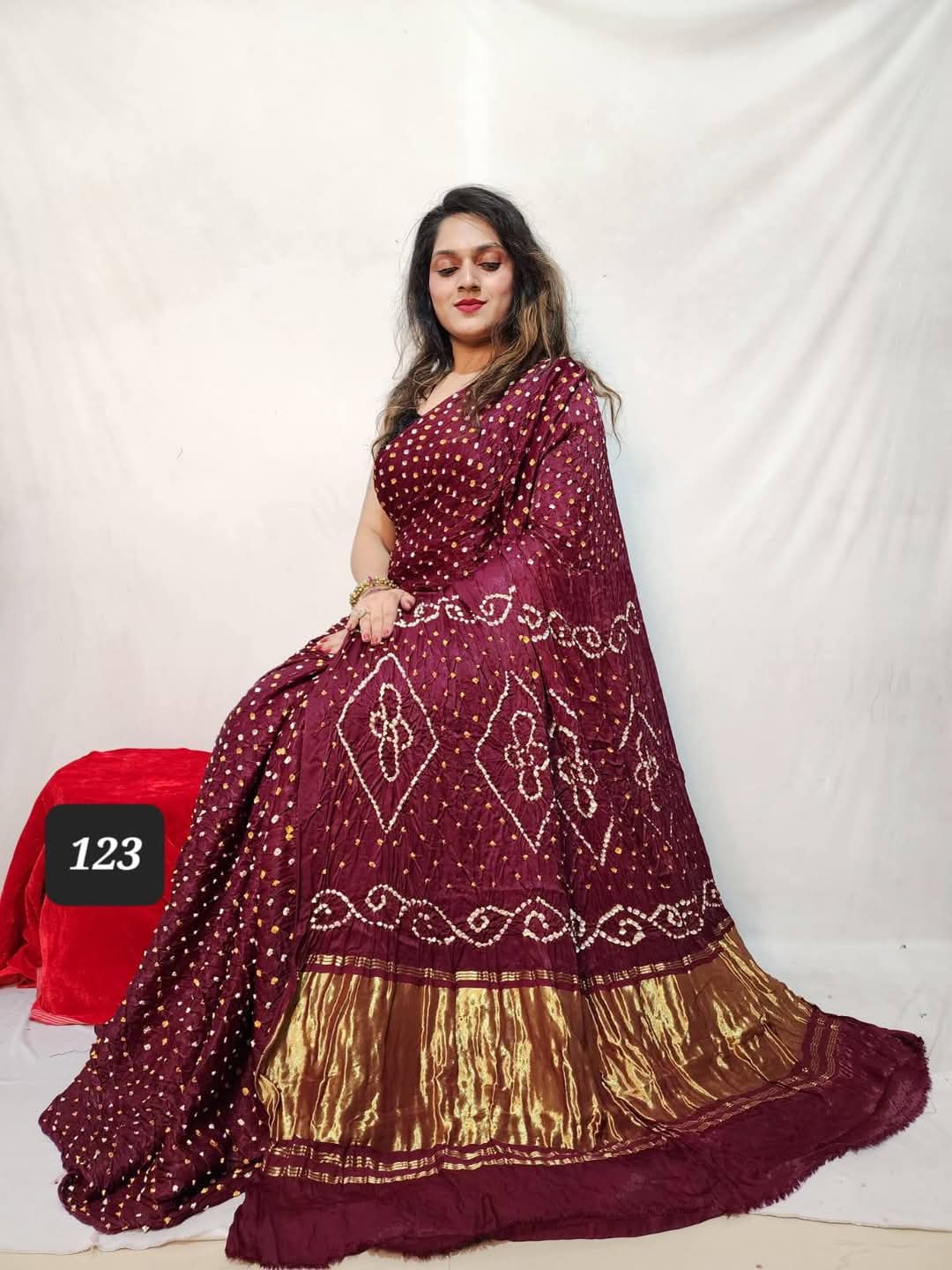 Pure Natural Dyeing Hand Block Bandhej Print Modal silk saree.