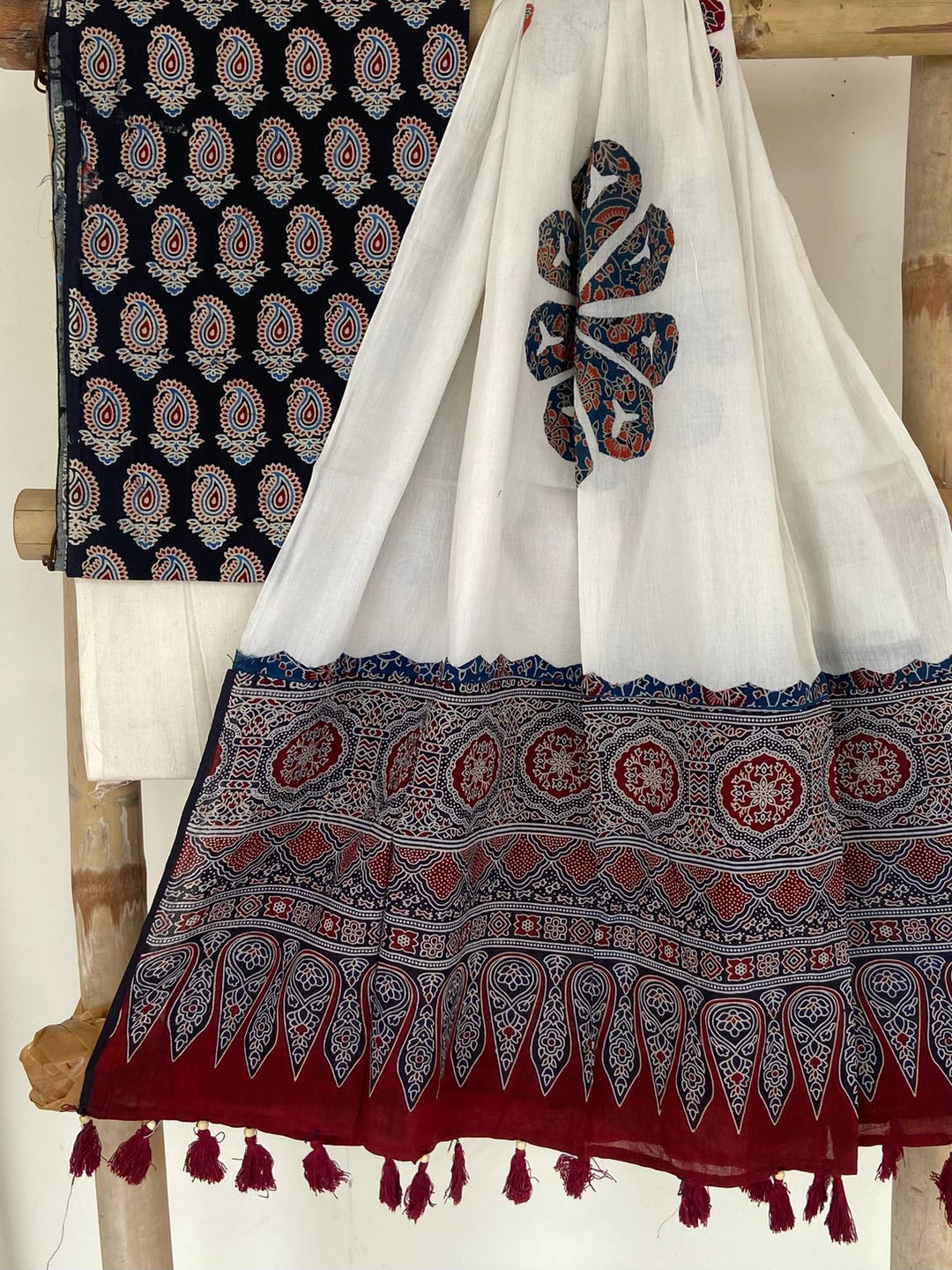 Pure Cotton Azrakh Print Unstitched suit Whit Patch Work Dupatta .