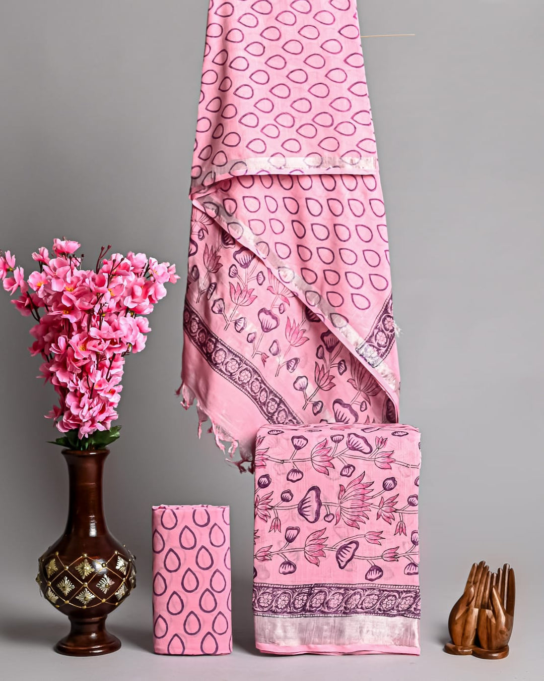 Hand Block Printed Linen Unstitched Suit .