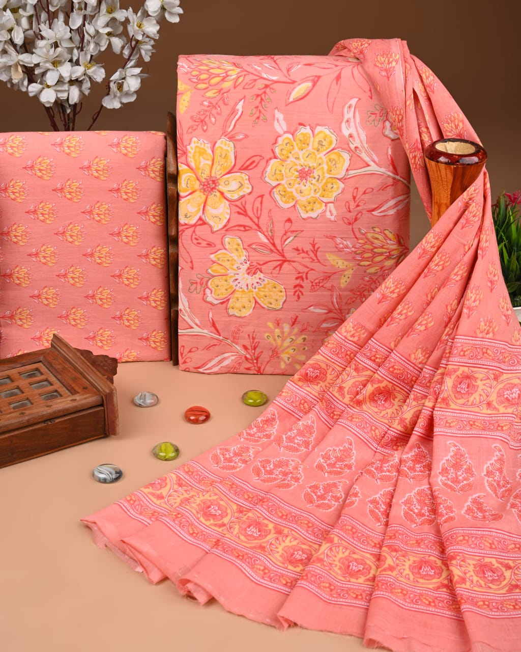 Pure Cotton Hand Block Printed Unstitched Suit Set With Cotton Dupatta.