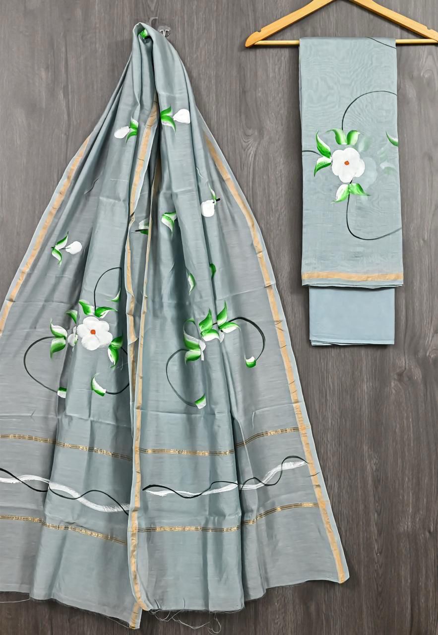 Pure Hand Block Chanderi Silk Unstitched Suit.