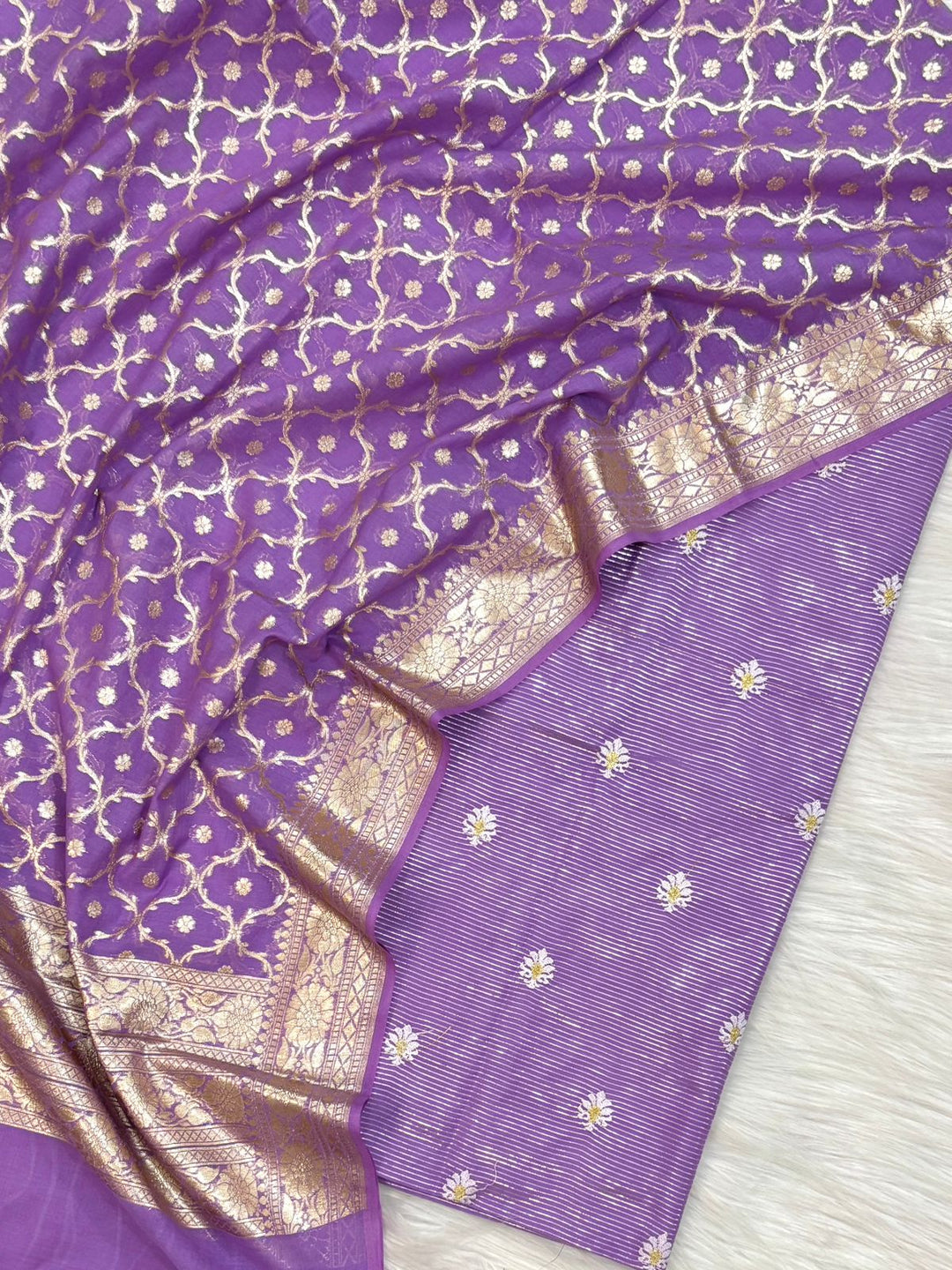 Banarasi Chanderi Lorex Mini Stripes and Zari work Unstitched Suit.