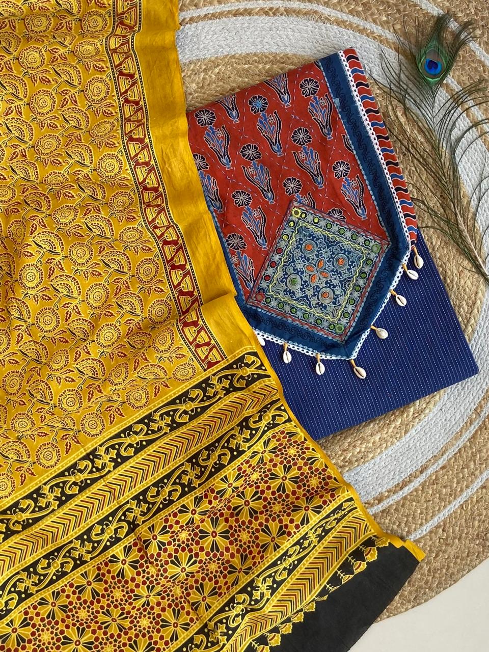 Pure Cotton Azrakh Print Yoke Handwork Unstitched suit .