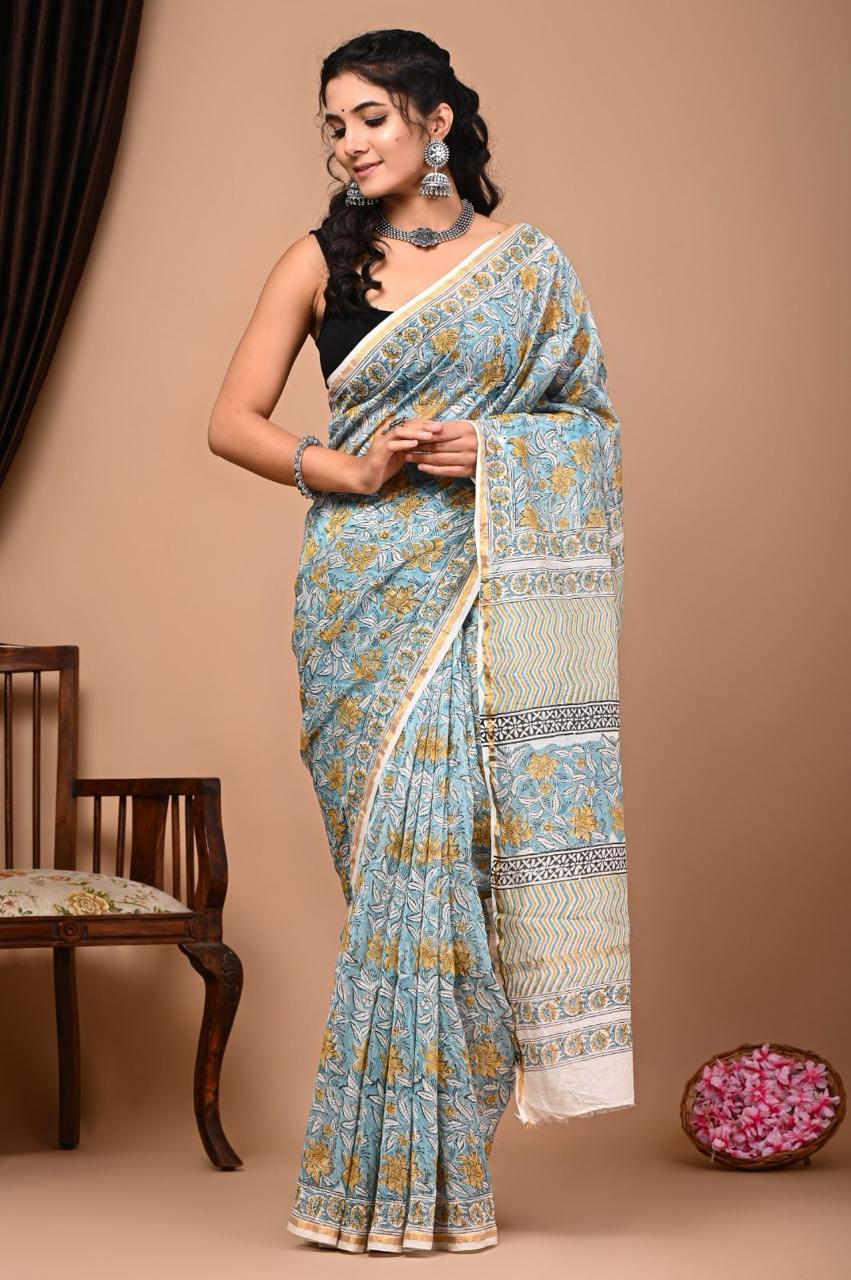 Hand Block Prninted Chanderi Saree .