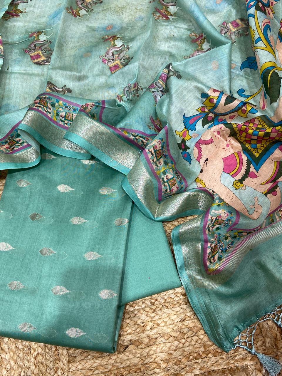Pure Banarasi Chanderi Silk Zari Botti Work Unstitched Suit With Chanderi Silk Digital Print Dupatta.