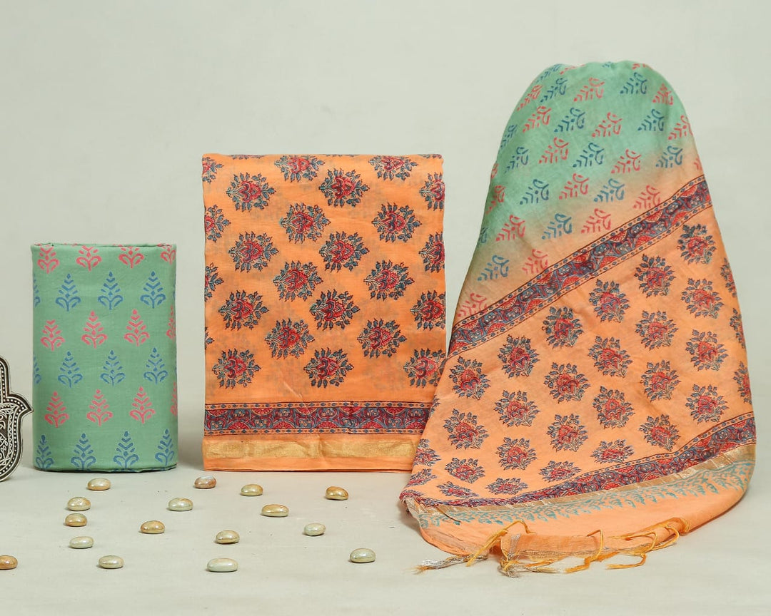 Pure Hand Block Chanderi Silk Unstitched Suit.