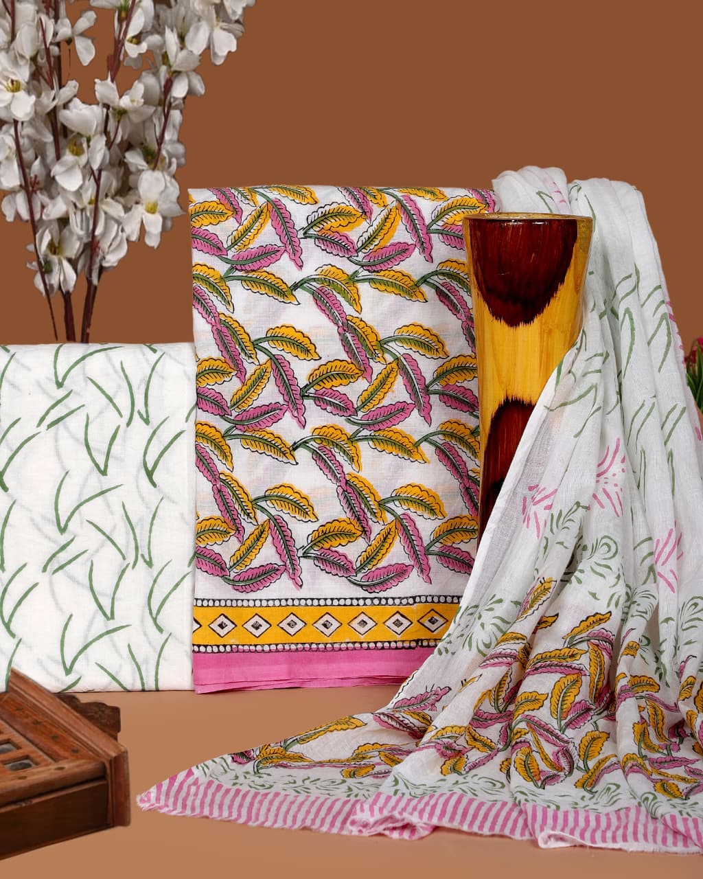 Pure Cotton Hand Block Print Unstitched Suit with Cotton Dupatta.
