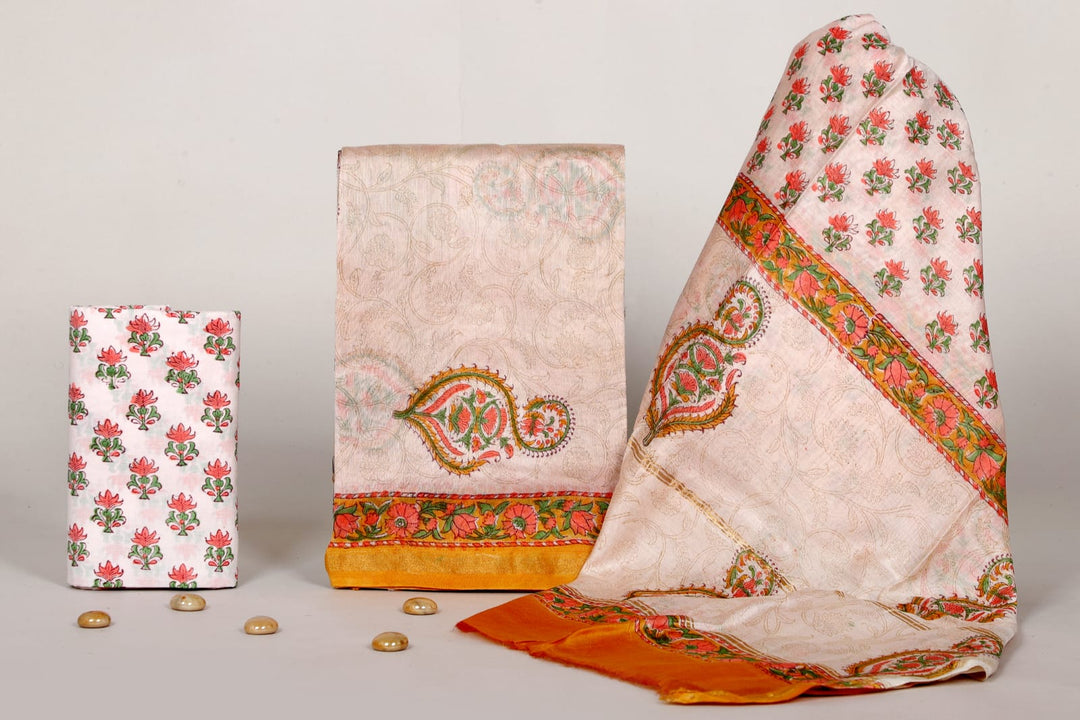 Pure Hand Block Chanderi Silk Unstitched Suit