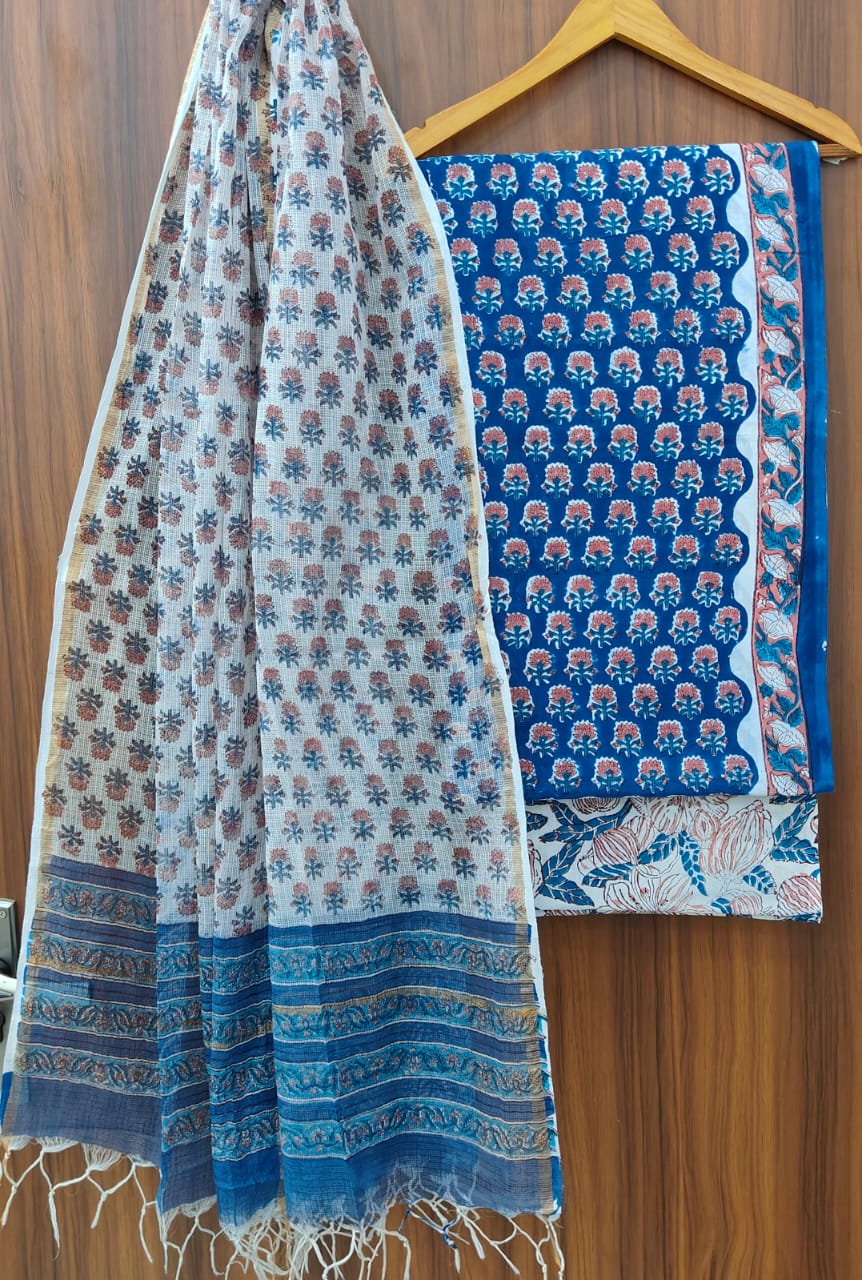 Pure Cotton Hand block print Unstitched Suit with Kota Dupatta.