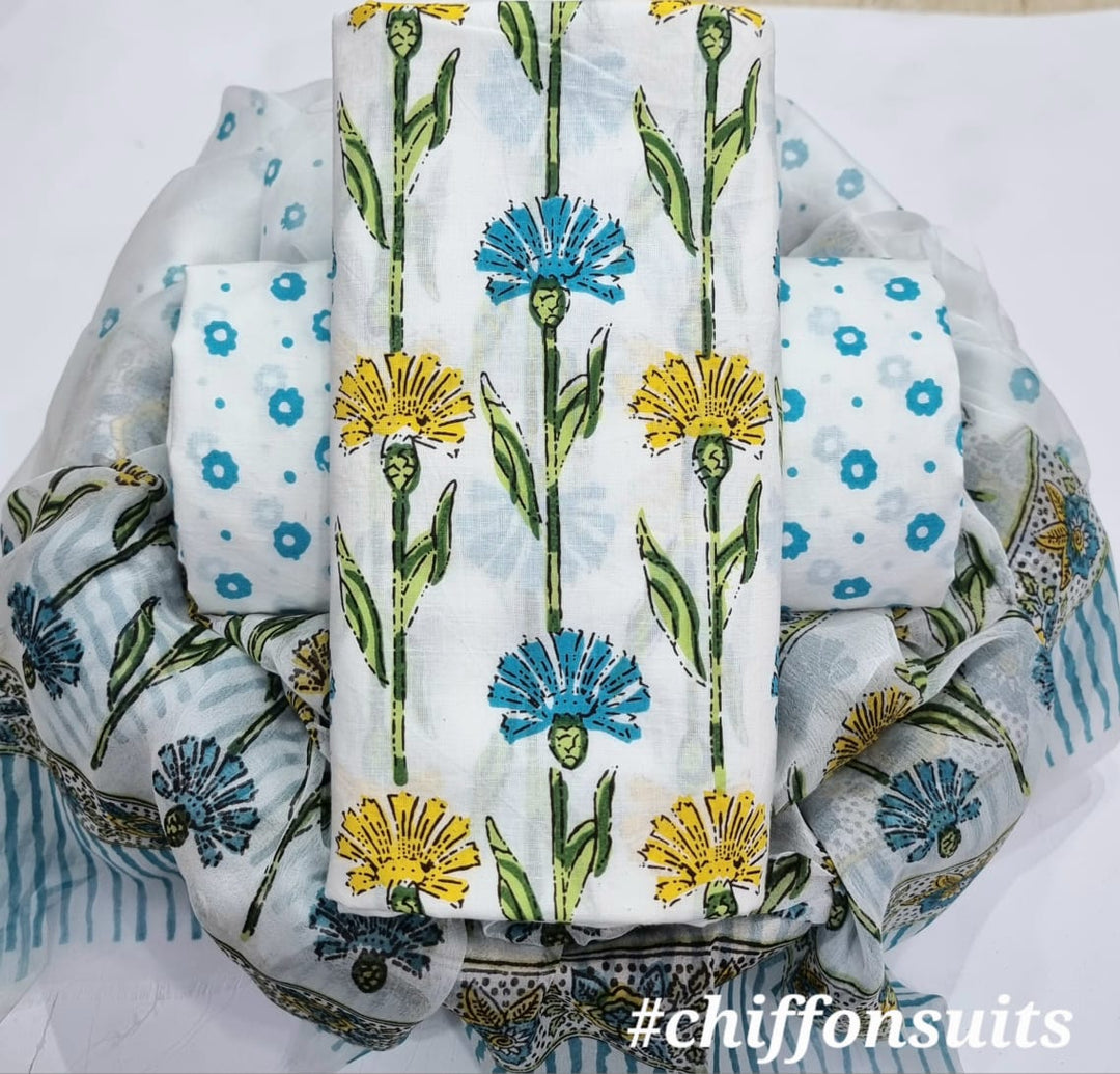 Pure Cotton Hand Block Print Unstitched Suit with chiffon dupatta .