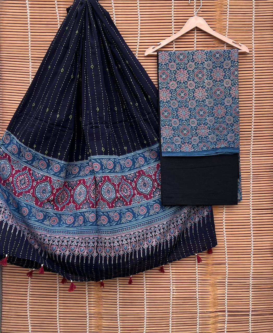 Pure Cotton Azrakh Print Unstitched suit Whit Kantha Work Dupatta.