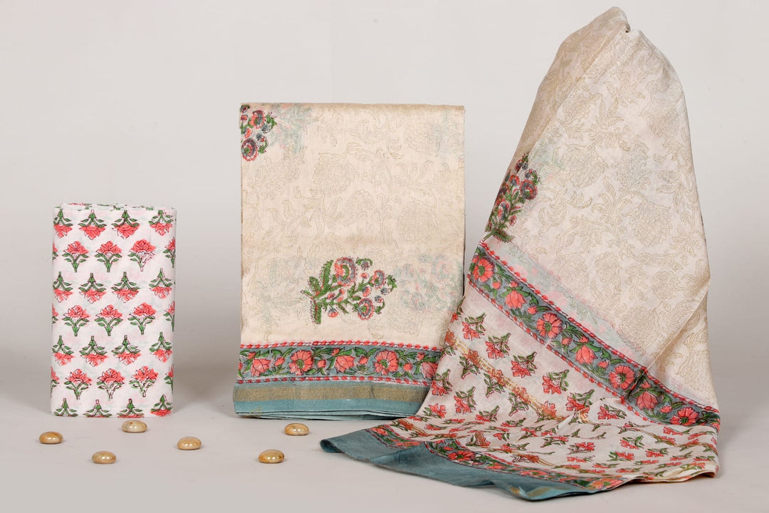 Pure Hand Block Chanderi Silk Unstitched Suit