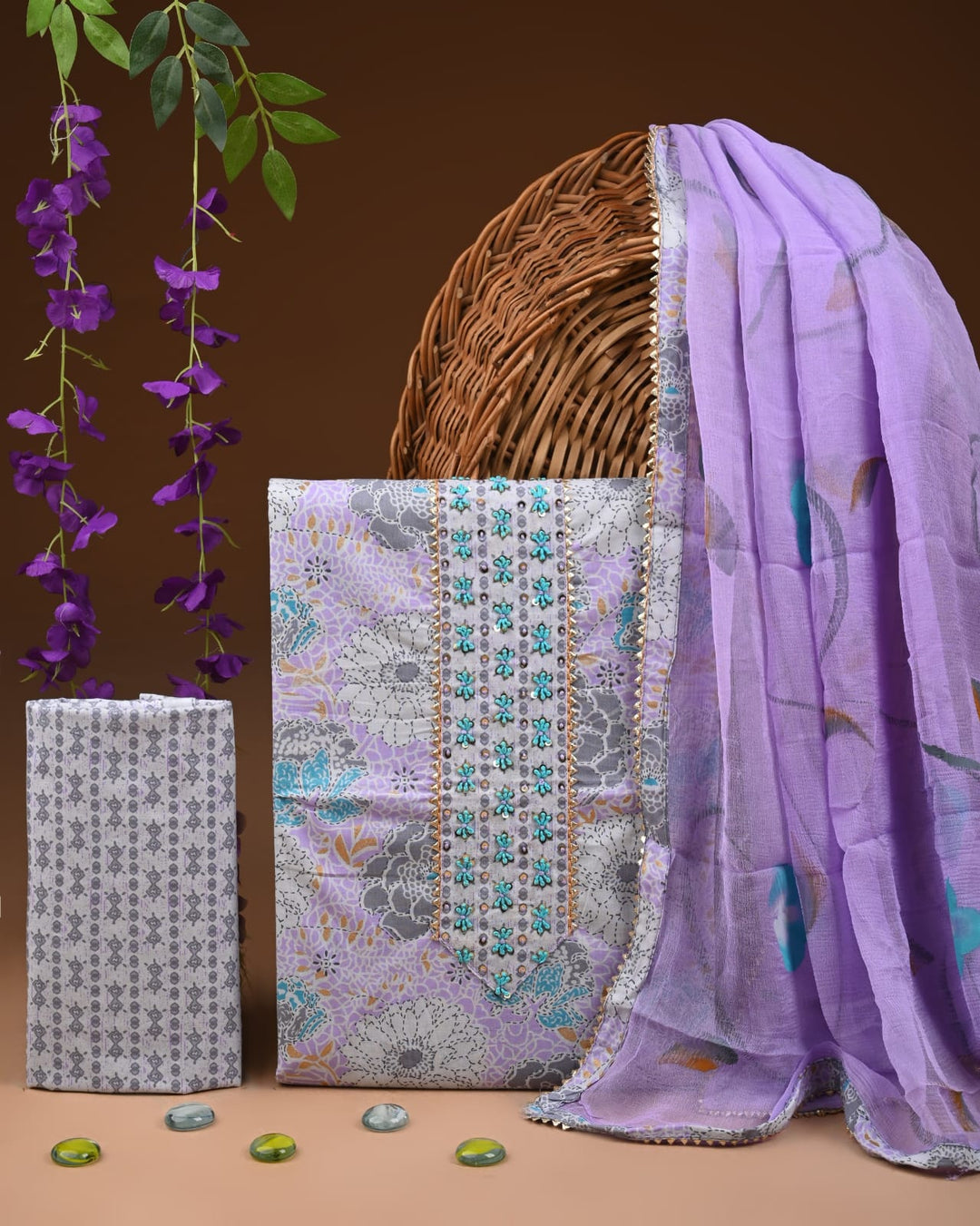 Pure Cotton Gotta patti Work unstitched Suit With Chiffon Dupatta.