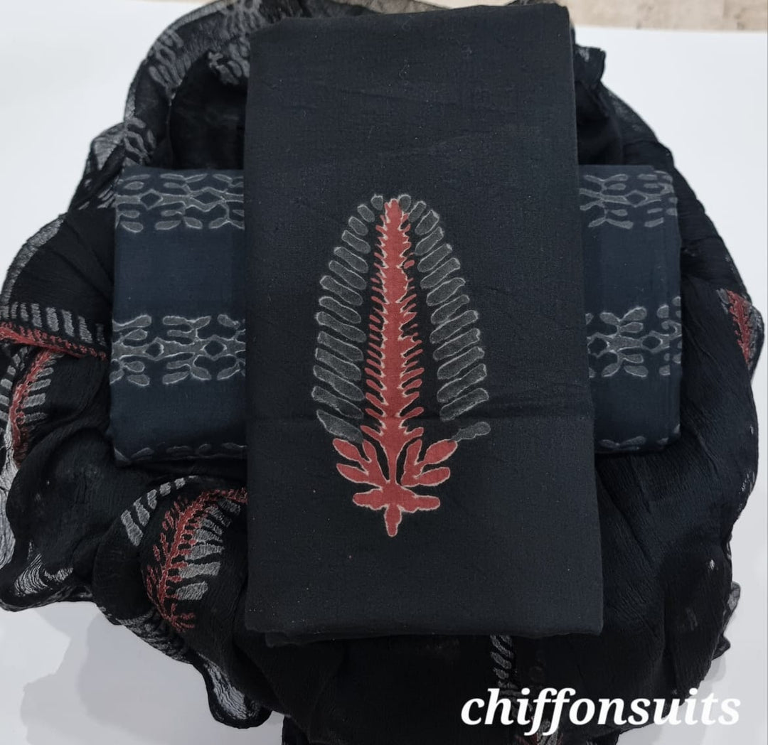 Pure Cotton Hand Block Print Unstitched Suit with chiffon dupatta .