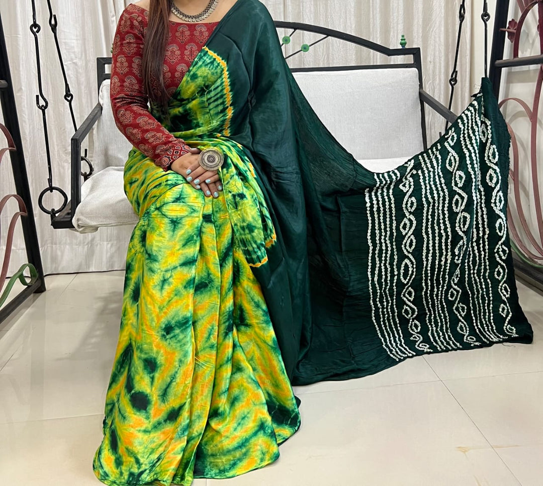 Pure Natural Dyeing Hand Block Tia&Diye Print Modal silk saree.
