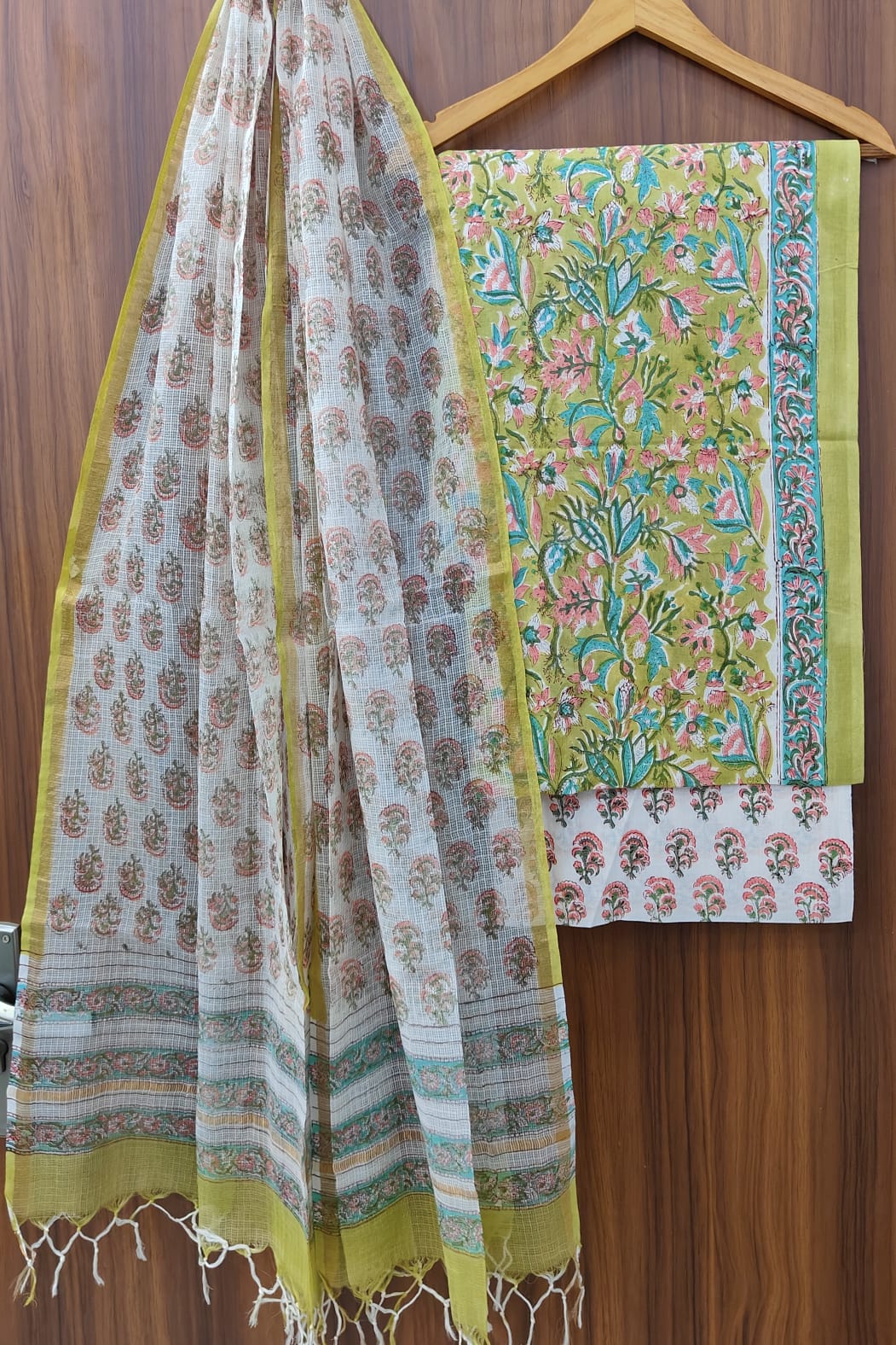 Pure Cotton Hand block print Unstitched Suit with Kota Dupatta .