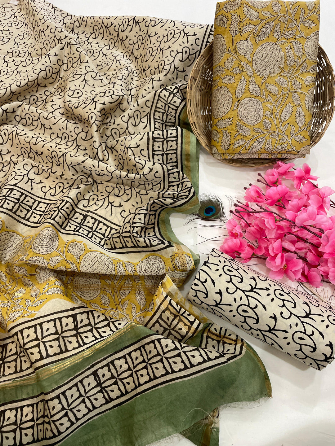 Pure Hand Block Chanderi Silk Unstitched Suit.