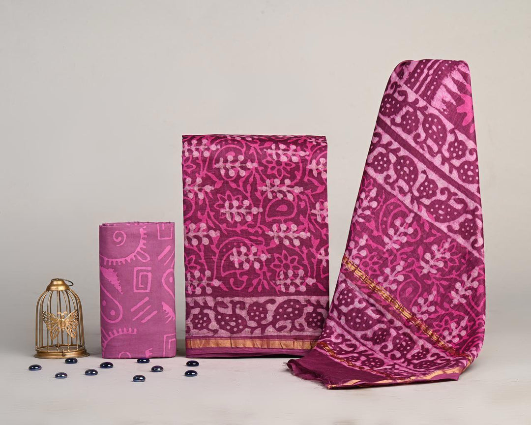 Pure Hand Block Chanderi Silk Unstitched Suit.