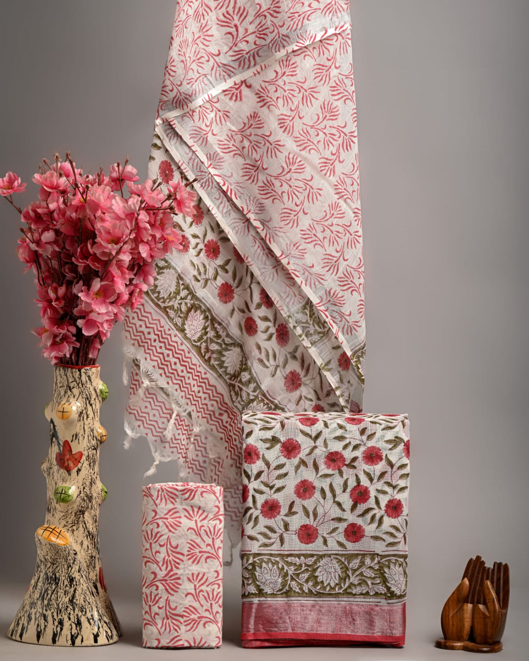 Hand Block Printed Linen Unstitched Suit .