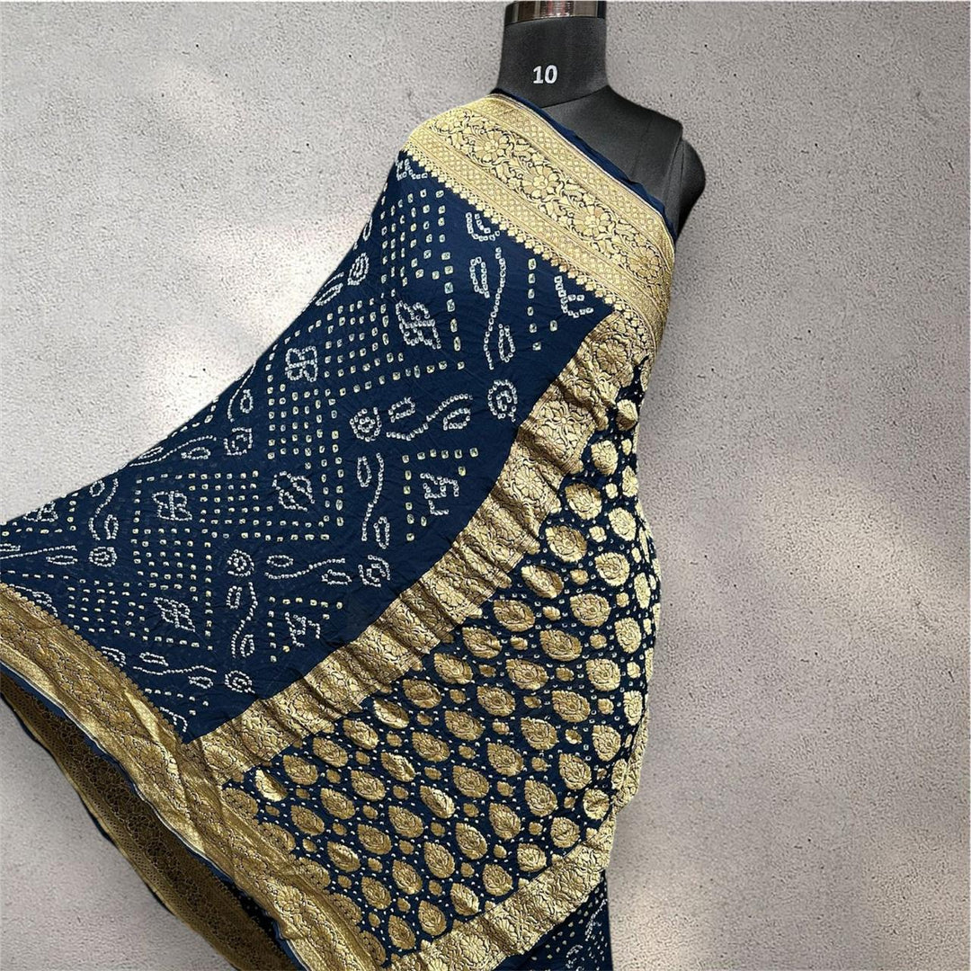 Pure Khaddi Georgette Handloom Neem Zari Work saree With Raiy Bandhej .