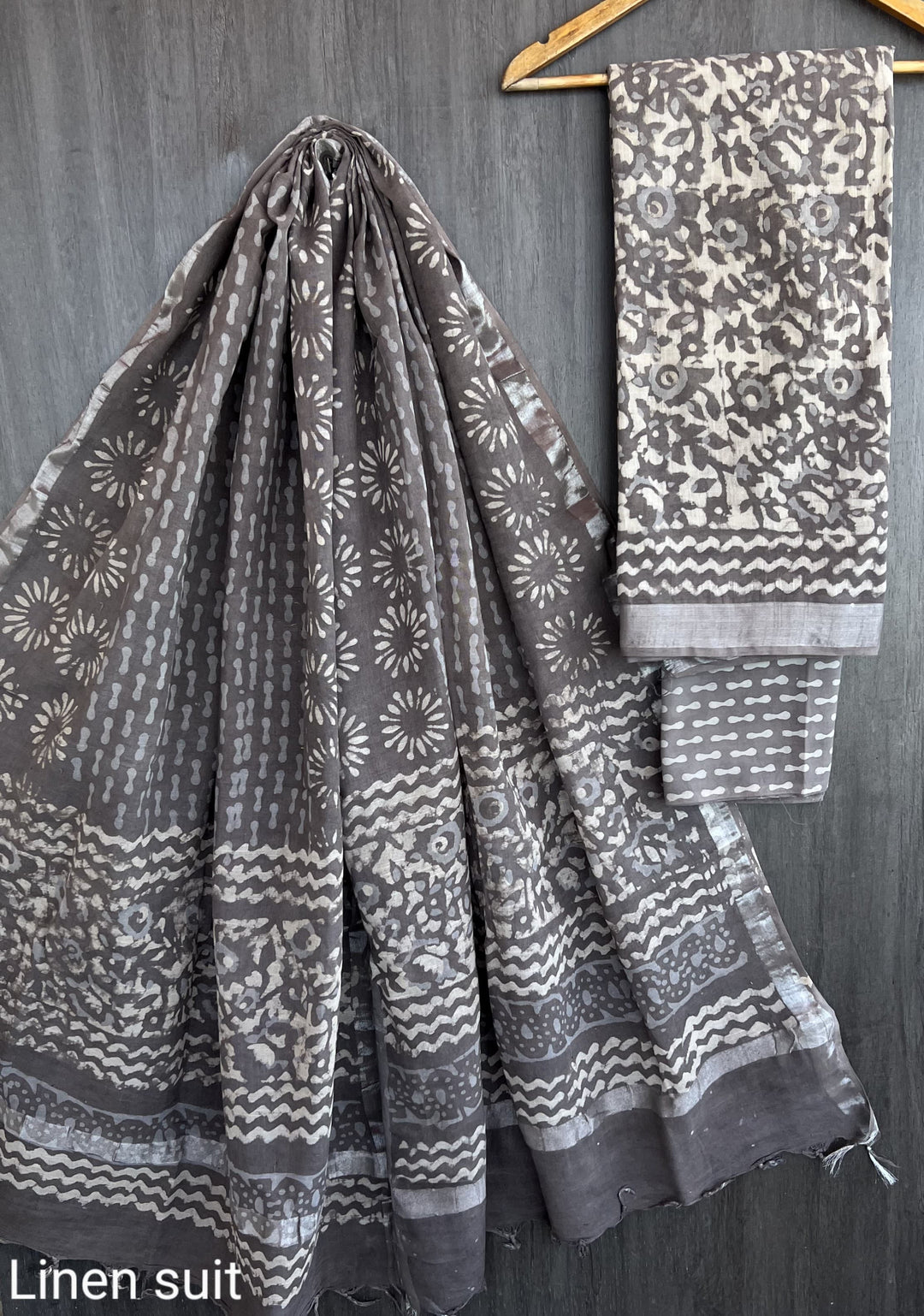 Hand Block Printed Linen Unstitched Suit .