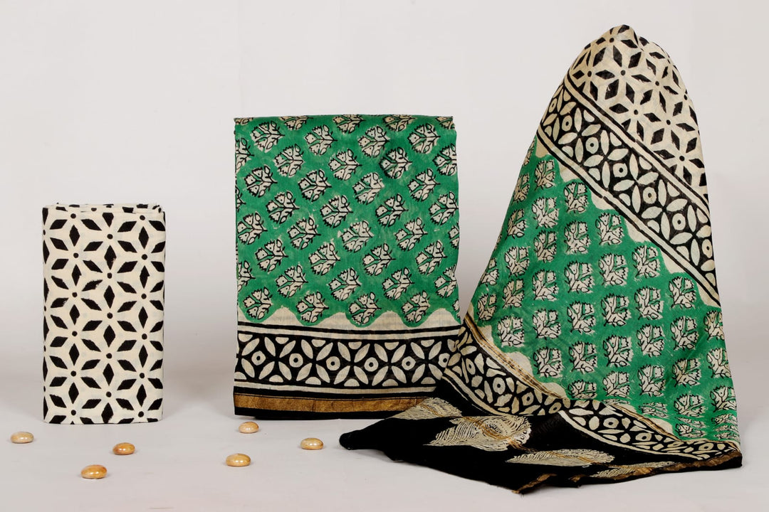 Pure Hand Block Chanderi Silk Unstitched Suit