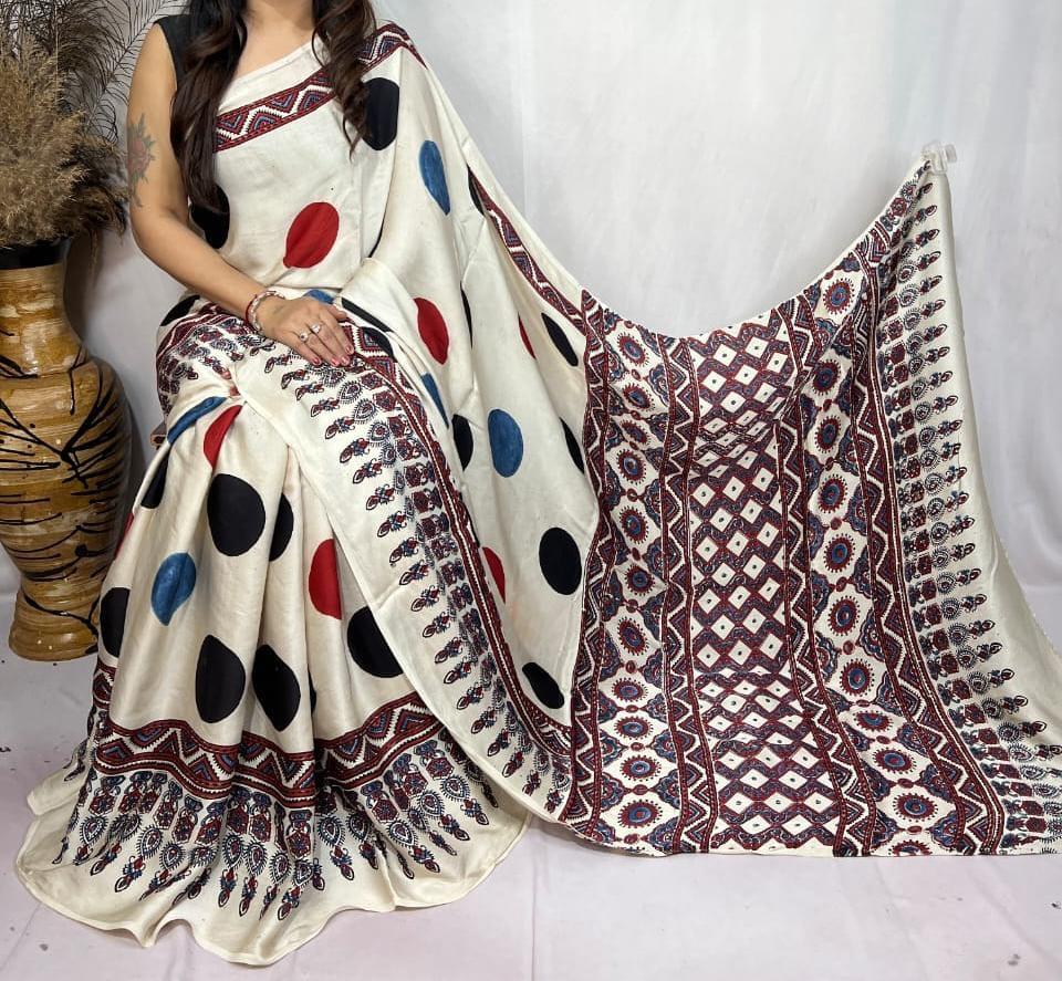 Pure Natural Dyeing Hand Block Ajrakh Print Modal silk saree.