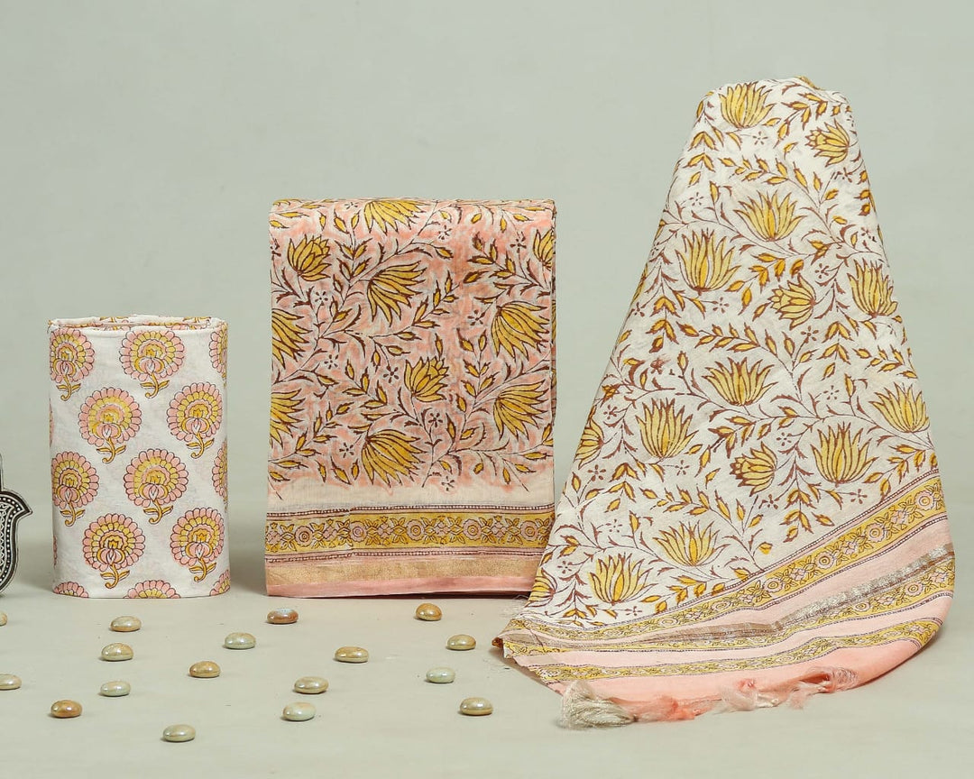 Pure Hand Block Chanderi Silk Unstitched Suit.