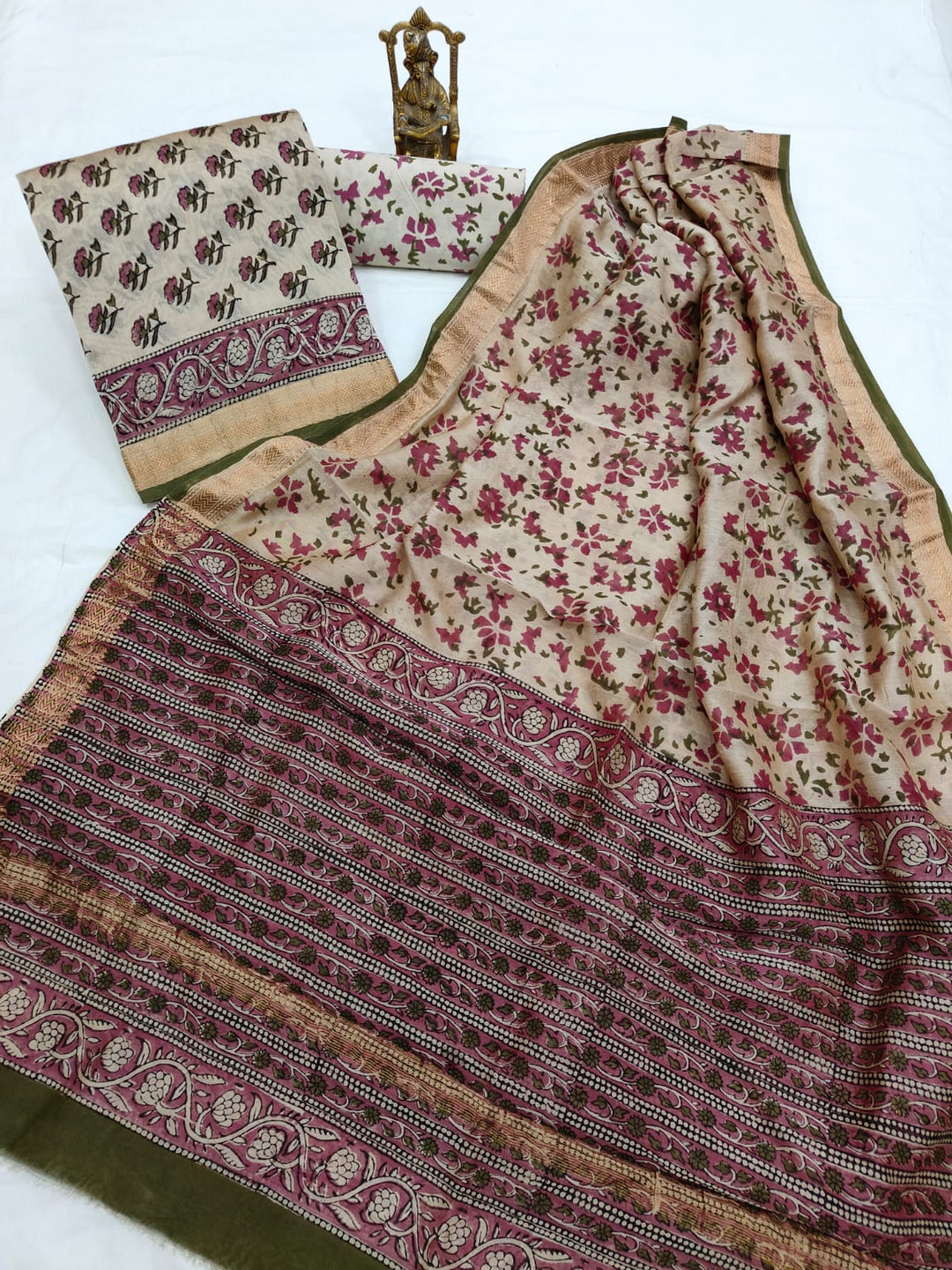Pure Maheshwari Silk Hand block print Unstitched Suit.