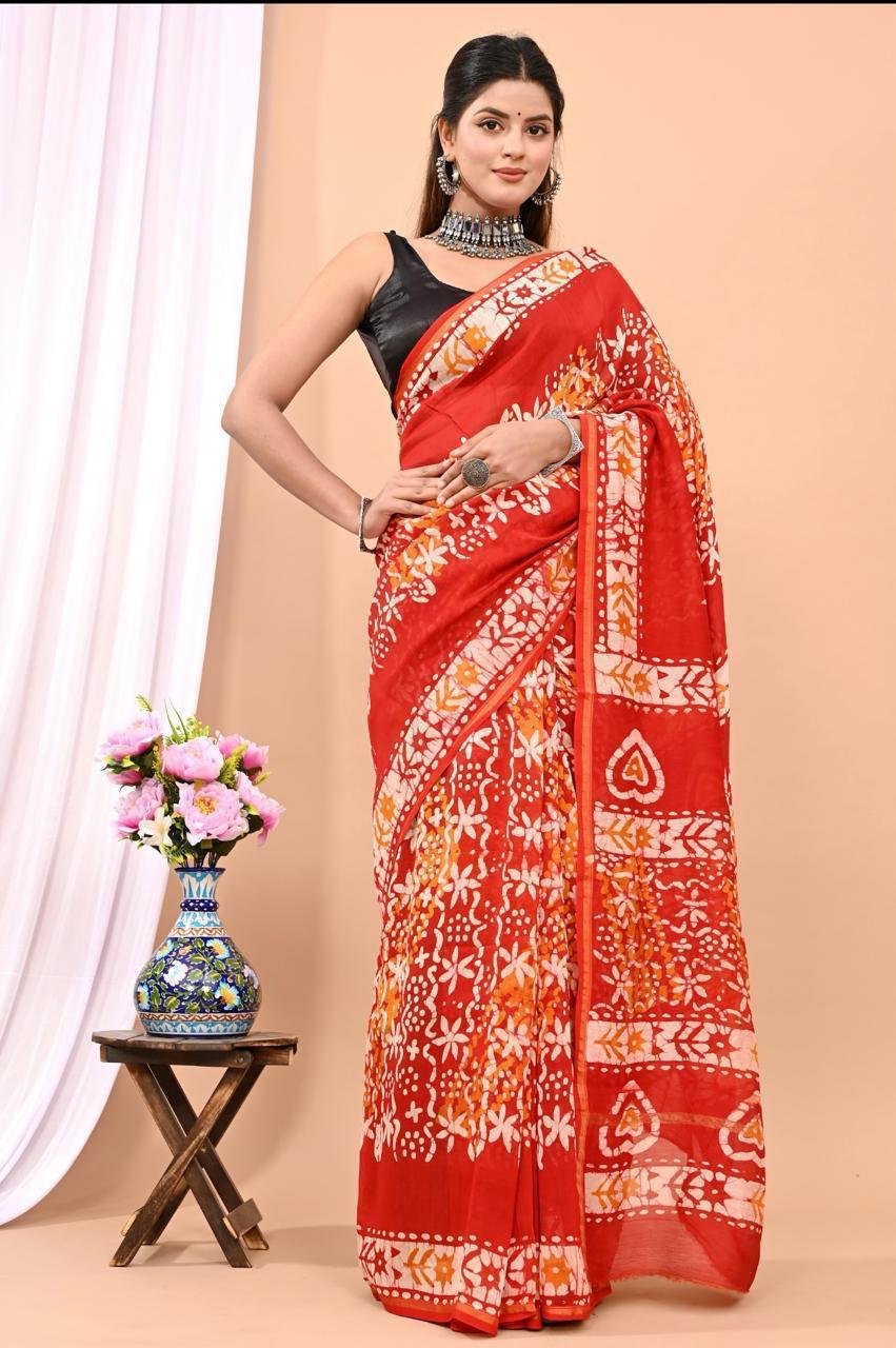 Hand Block Prninted Chanderi Saree .