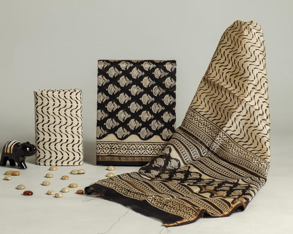 Pure Hand Block Chanderi Silk Unstitched Suit.