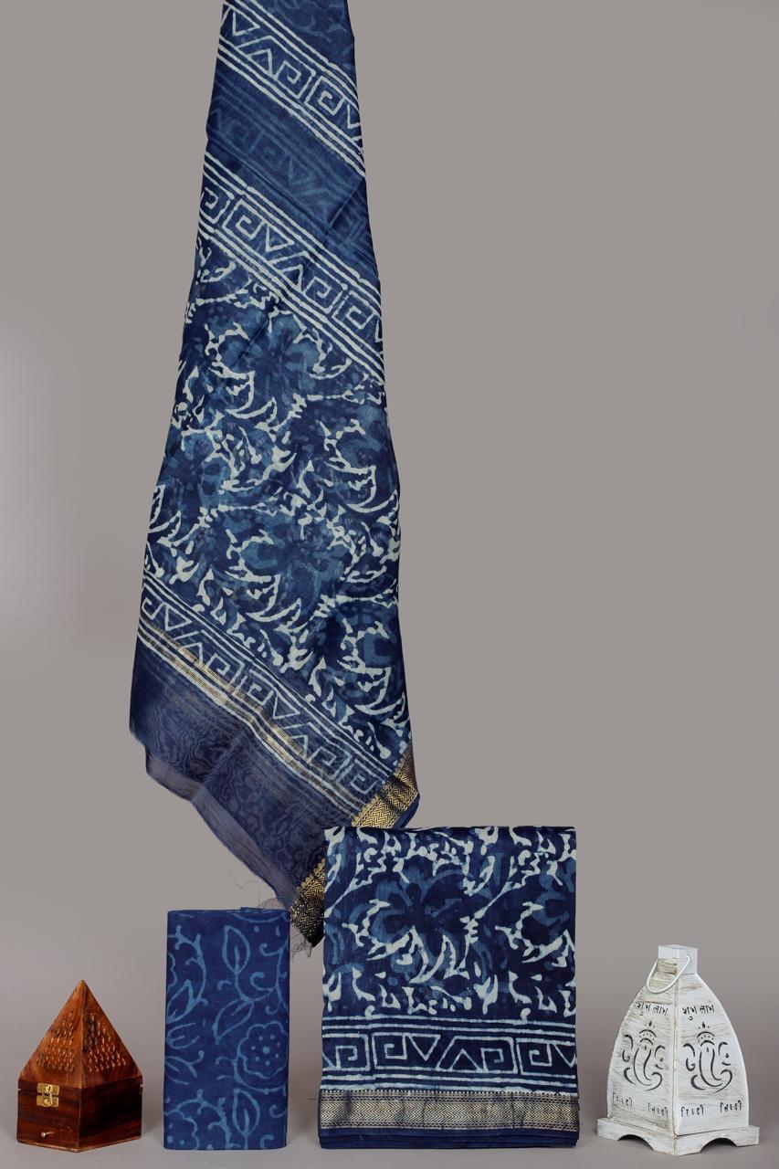 Pure Maheshwari Silk Hand block print Unstitched Suit.